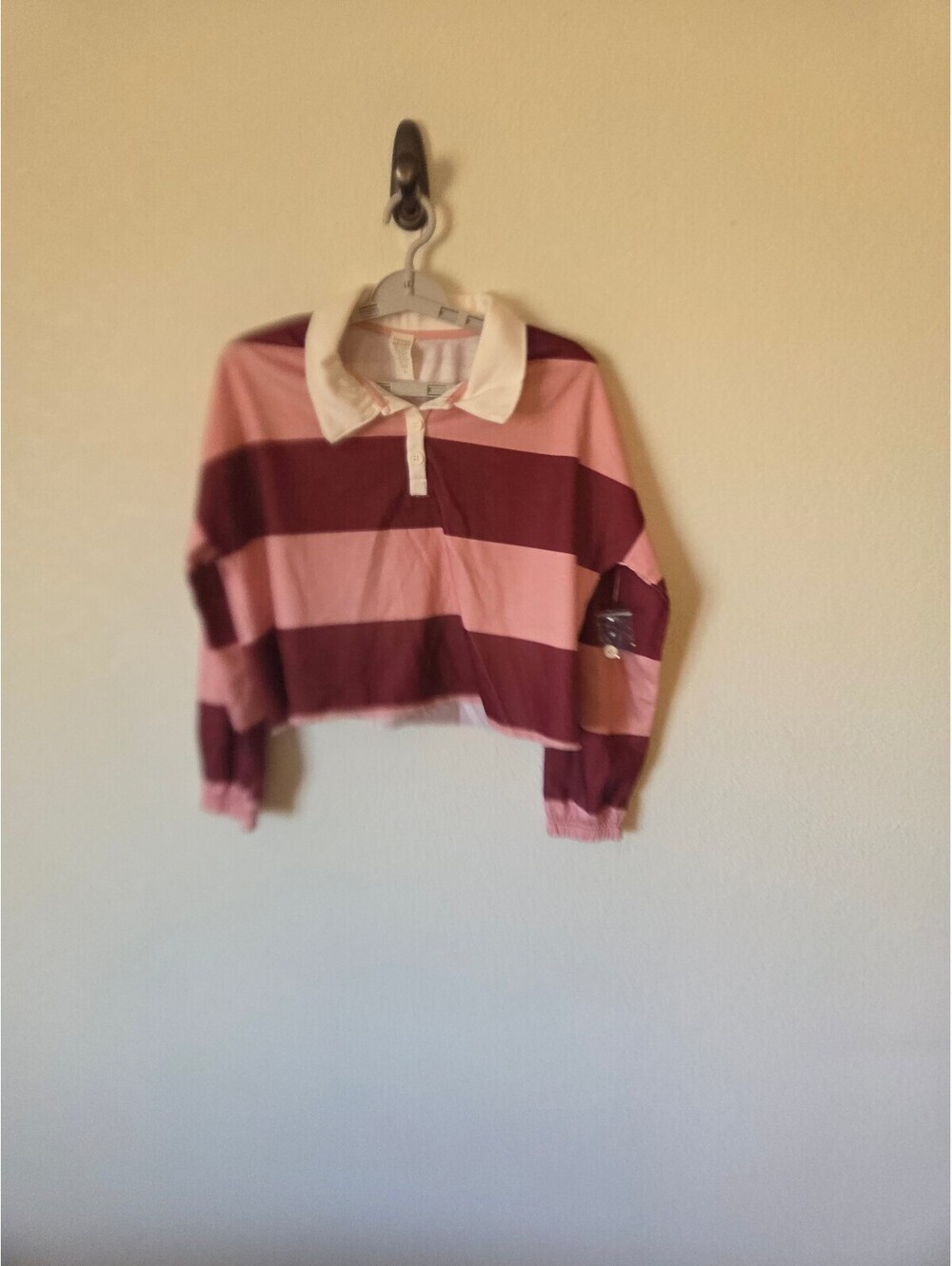 Derek Heart Pink and Burgundy Striped Long Sleeve Crop Polo Shirt Size L